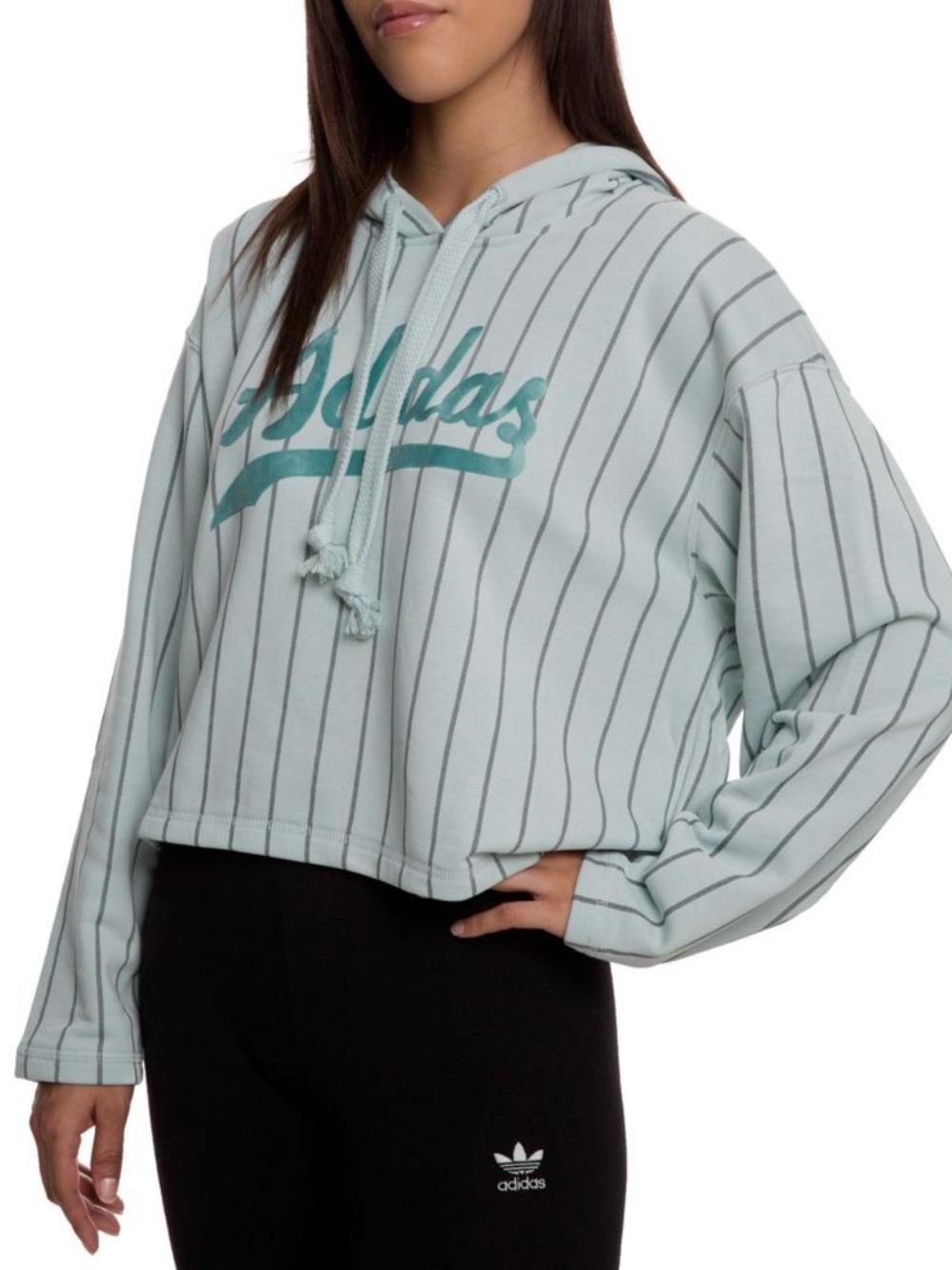 ADIDAS Originals Women's Medium Cropped Hoodie Pinstripes Vapor Green DU9920